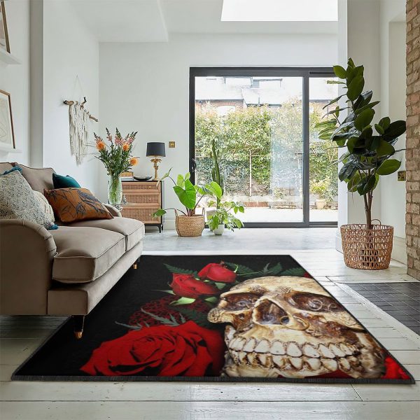 Gothic Art Rugs Rose Flower Skull Gothic Rug Rectangle Rugs Washable Area Rug Non-Slip Carpet For Living Room Bedroom