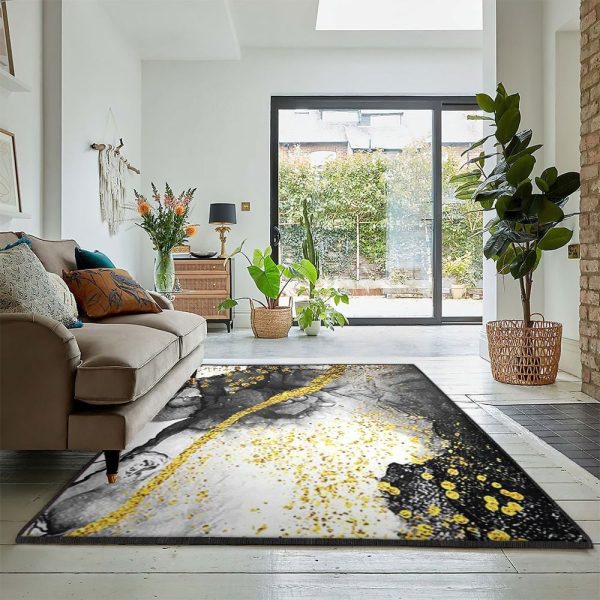 Gold Foil Dining Room Rug Black And White Swirl With Gold Splatter Rug Rectangle Rugs Washable Area Rug Non-Slip Carpet For Living Room Bedroom - Image 2