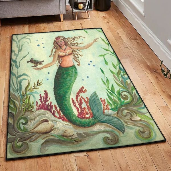 Mermaid Birthday Large Mermaid Sea Rug Rectangle Rugs Washable Area Rug Non-Slip Carpet For Living Room Bedroom - Image 2