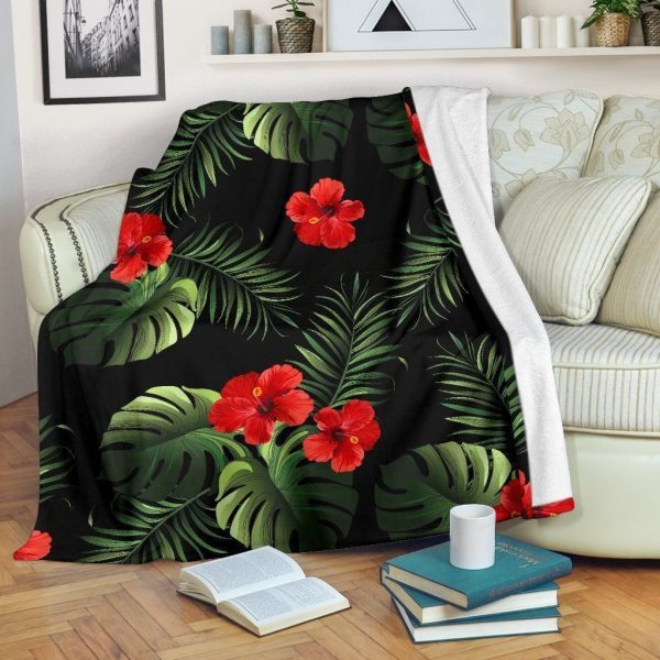 Red Hibiscus Tropical Forest Black Fleece Blanket